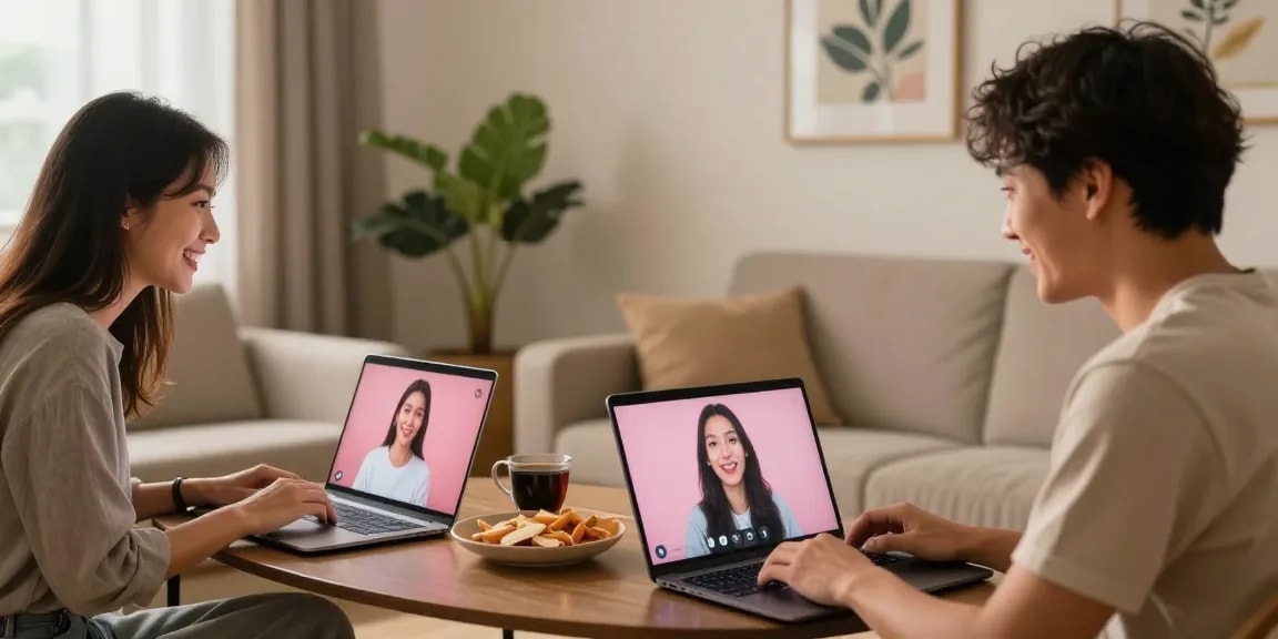 Engaging pink video chat between two people in cozy home setting.