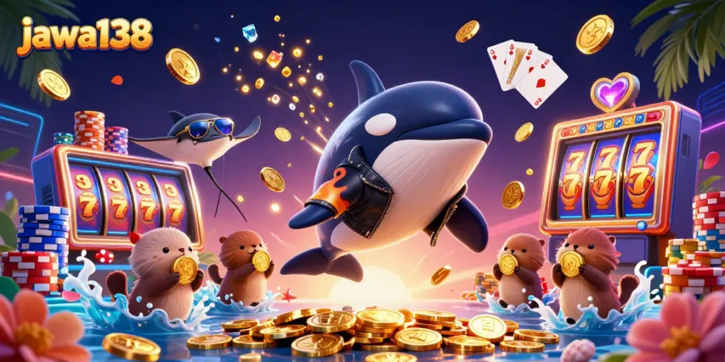 Experience wins with jawa138 as cartoon sea life celebrates gaming riches around slot machines and poker.