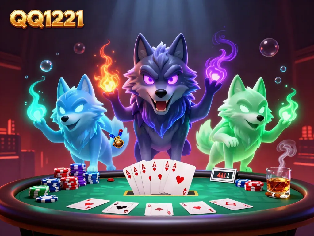 Engage with the QQ1221 casino atmosphere featuring mystical wolves amidst a lively poker scene.