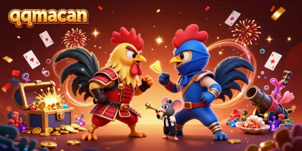 Experience intense qqmacan arena battles with animated roosters in samurai and ninja costumes.