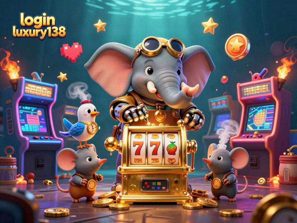 Permainan mesin slot oleh login luxury138 di dunia steampunk dengan simbol keberuntungan.