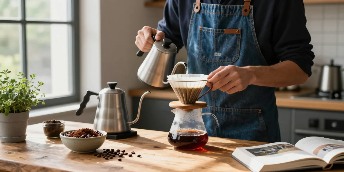 Pour-over coffee brewing at www.ebbfilter.com with a stylish denim apron in a bright kitchen.