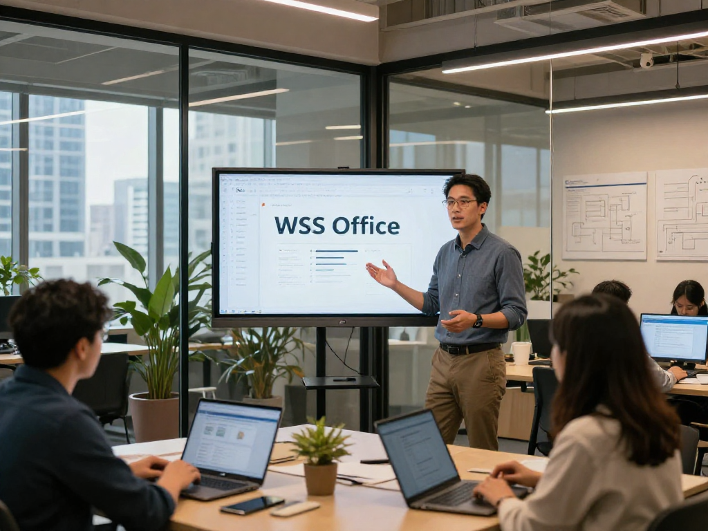 展示wps官网功能的现代办公室环境，团队成员在进行办公软件演示。