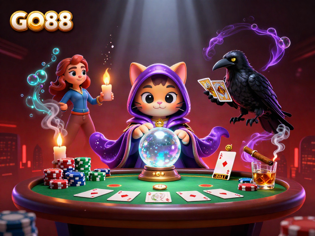 Engage with GO88's vibrant casino scene featuring a mystic cat, tarot-dealing raven, and dynamic poker elements.