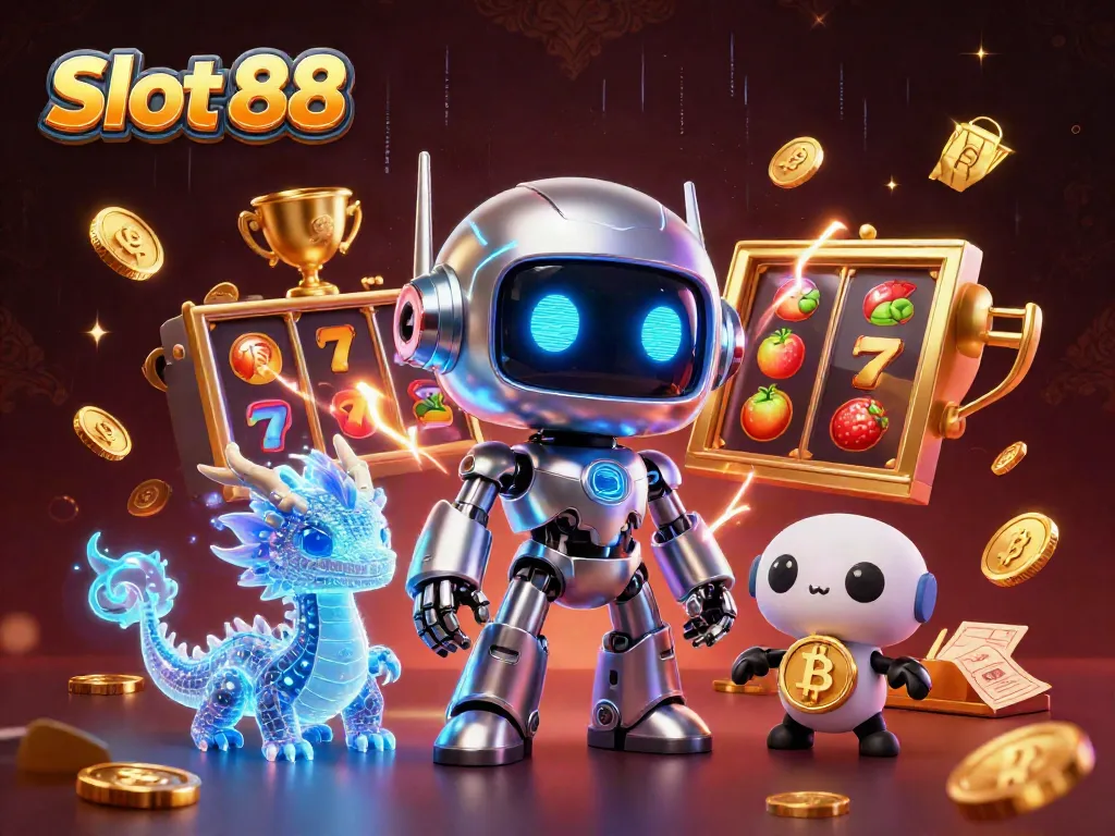 Spin the reels with excitement in Slot 88 featuring a dynamic 3D illustration of a cyberpunk robot, dragon, and bitcoin.