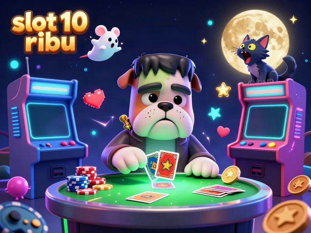 Experience slot 10 ribu with a 3D cartoon scene featuring a dealer bulldog and arcade games.