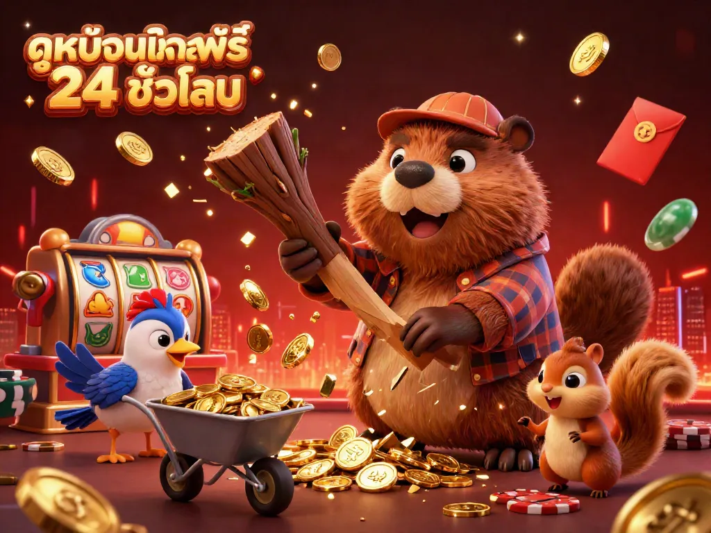 Experience ดูหนังออนไลน์ฟรี 24 ชั่วโมง with a playful cartoon beaver in a vibrant casino environment collecting gold coins among colorful gaming elements.