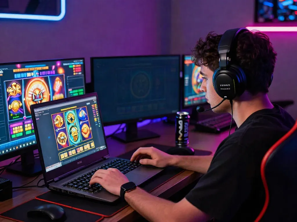 Player engaging with link slot777 on a laptop in an immersive gaming setup