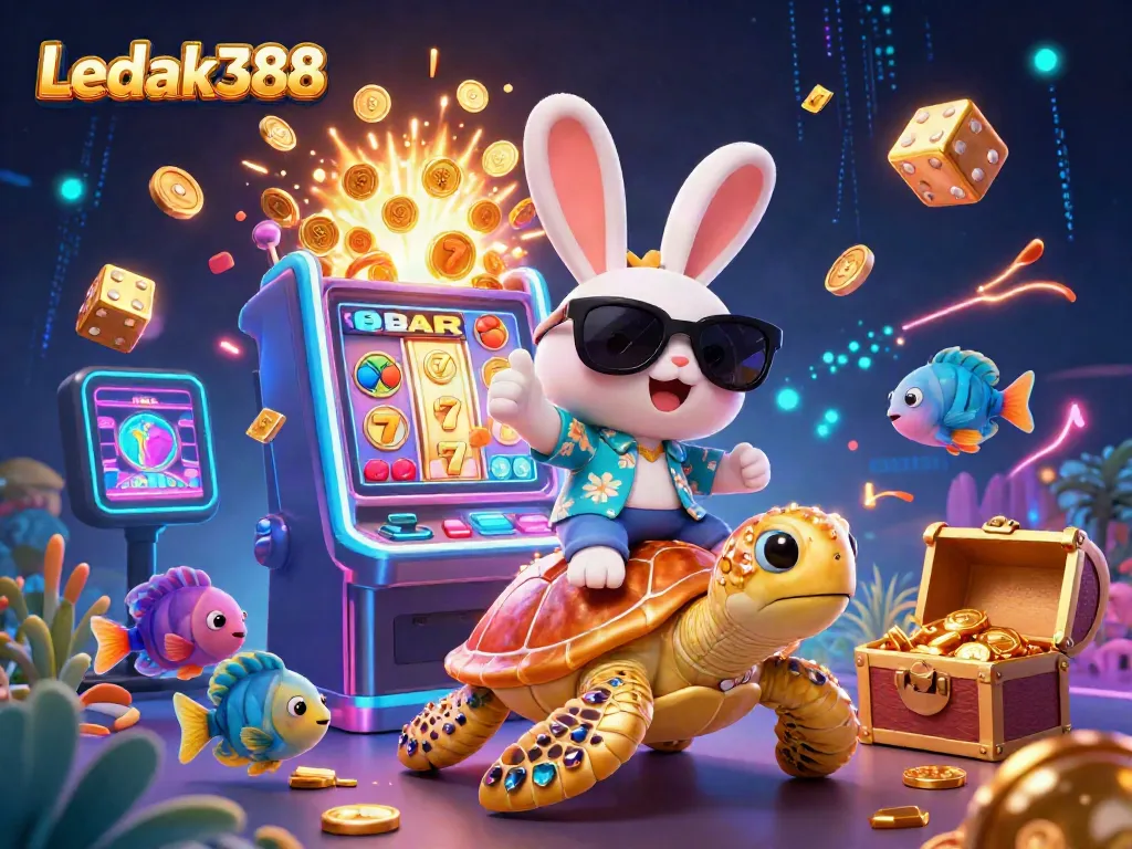 Experience the excitement of Ledak388 with a colorful jackpot explosion and a lucky rabbit character.