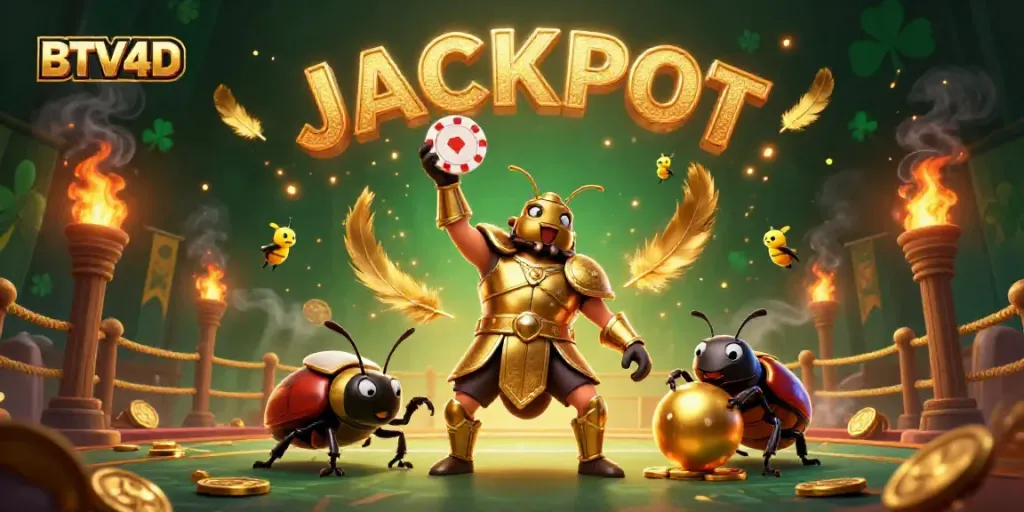 Gambarkan BTV4D, serangga hercules dan teman di arena perjudian penuh gemerlap, jackpot bersinar.