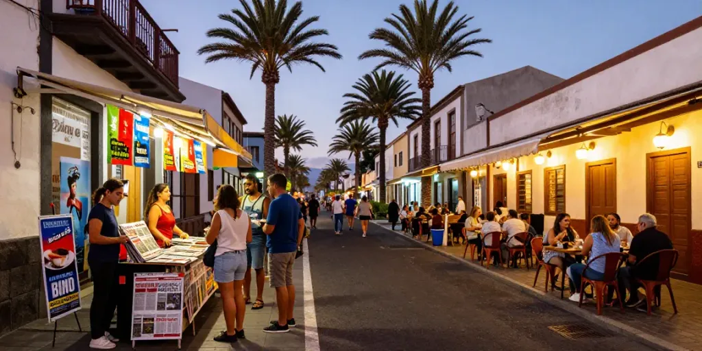 Tenerife news scene featuring a vibrant urban street in Santa Cruz with locals engaging, showcasing community dynamics.