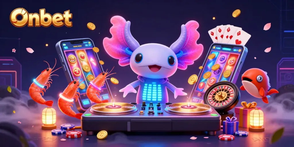 Engage with Onbet's vibrant 3D casino scene featuring a neon axolotl DJ spinning and energetic game elements.
