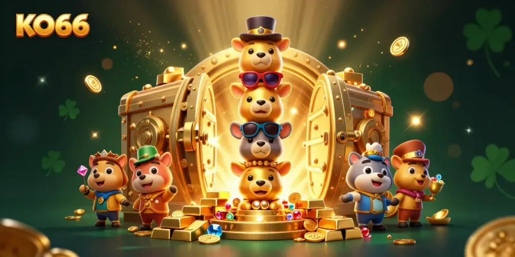 Engage with KO66's thrilling casino experience through a vibrant illustration of treasures and joyful totem characters.