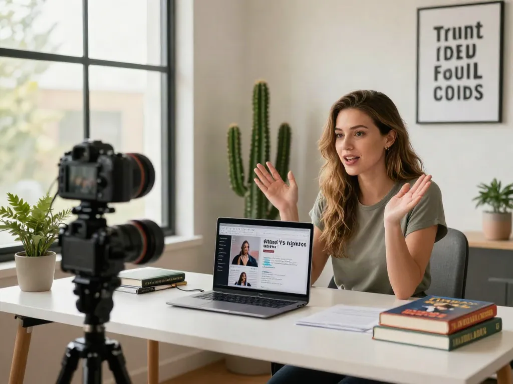 Chloe Sunderland engaging with her audience in a modern content creation workspace, focusing on men's rights and mental health.