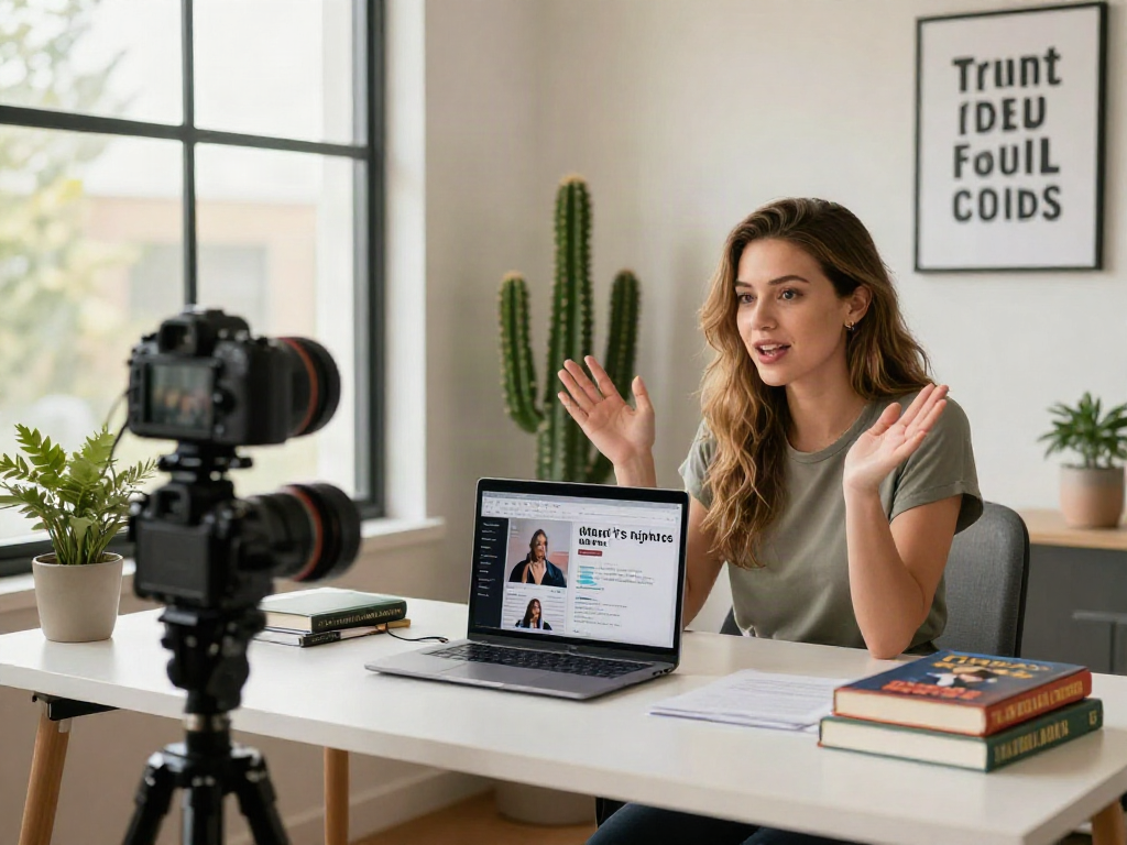 Chloe Sunderland engaging with her audience in a modern content creation workspace, focusing on men's rights and mental health.
