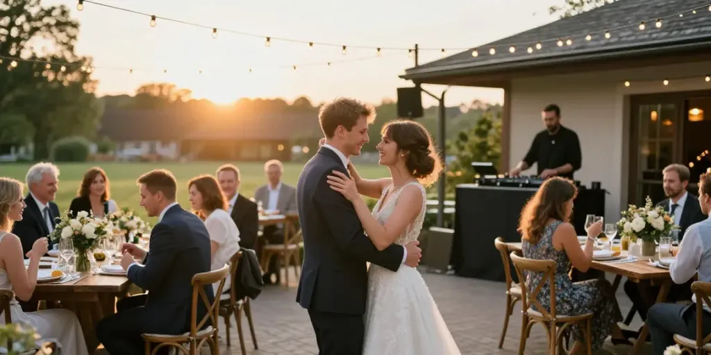 Hochzeit DJ Berlin Brandenburg feiert mit tanzendem Brautpaar und Gästen in romantischer Atmosphäre.