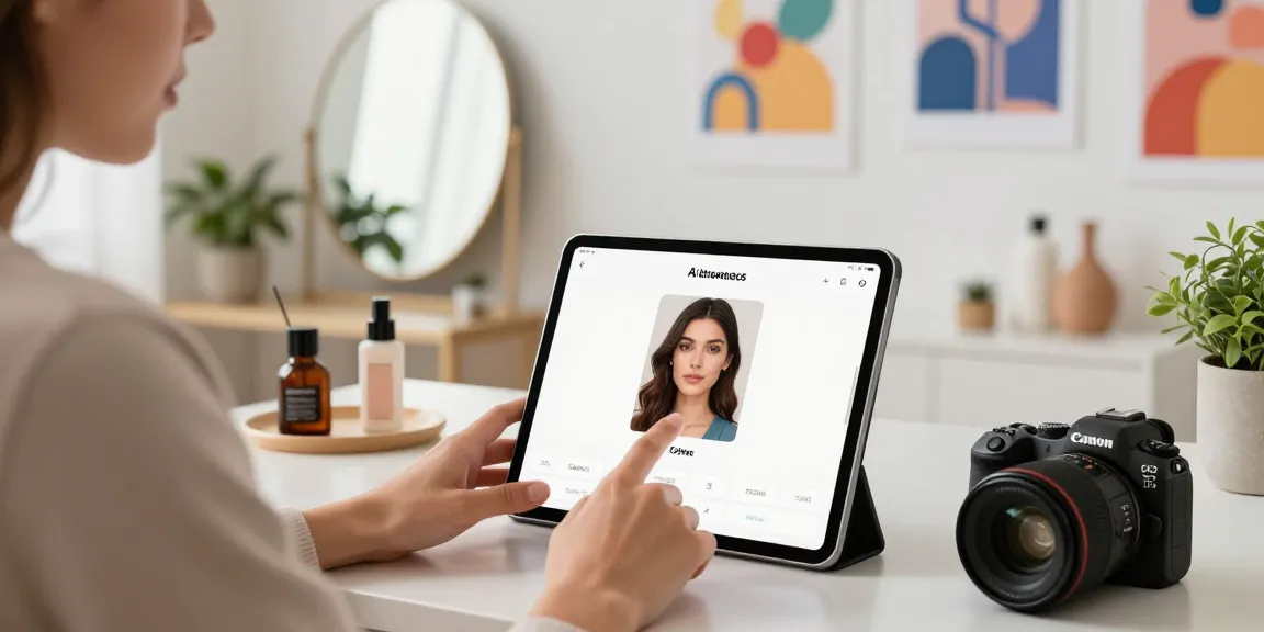 Test of attractiveness on a tablet as user uploads a photo in a stylish home office.