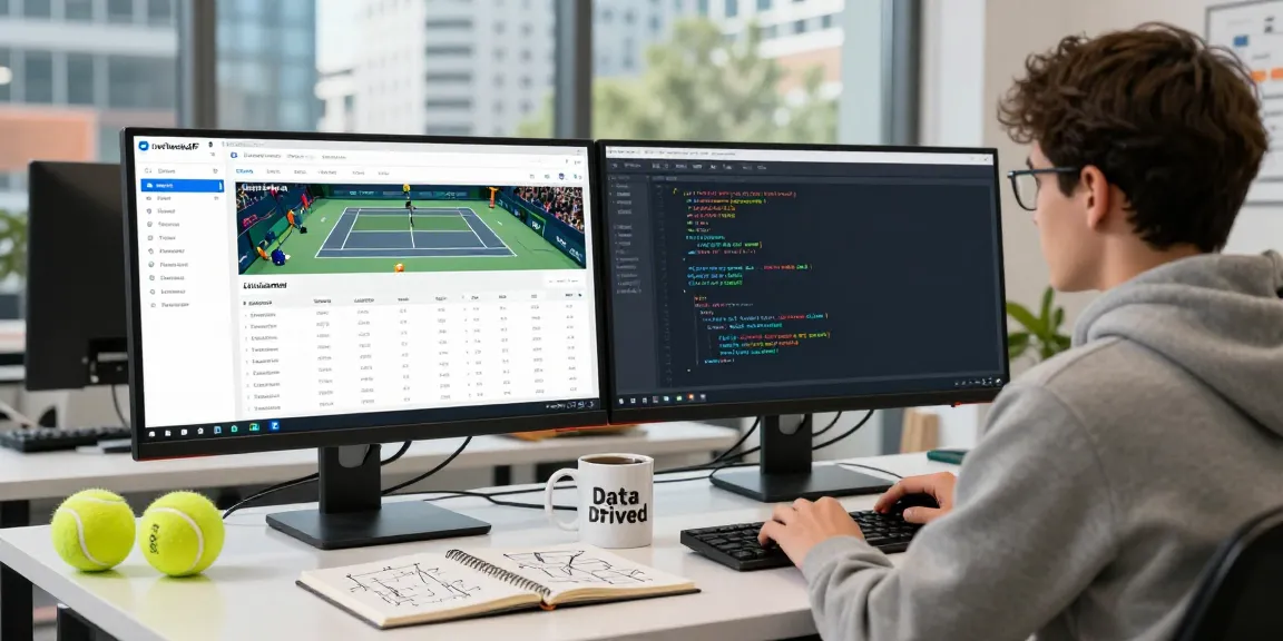 LiveTennisAPI integration scene with a developer analyzing real-time scores and statistics in a modern workspace.