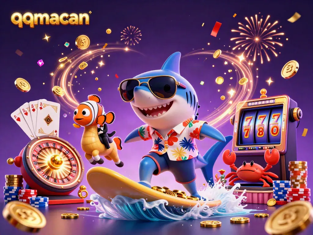 Experience thrilling gameplay with qqmacan, where a shark surfs gold coins under sparkling lights and festive effects.