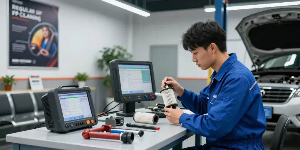 Mechanic inspecting a dpf reinigen in a modern automotive workshop with tools and diagnostic equipment.