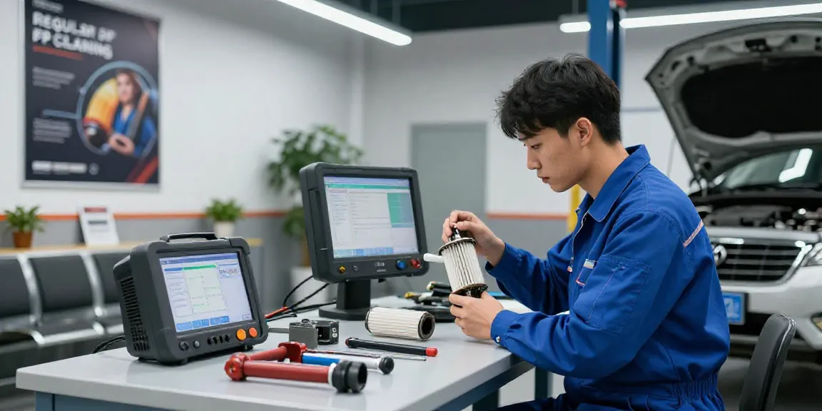 Mechanic inspecting a dpf reinigen in a modern automotive workshop with tools and diagnostic equipment.