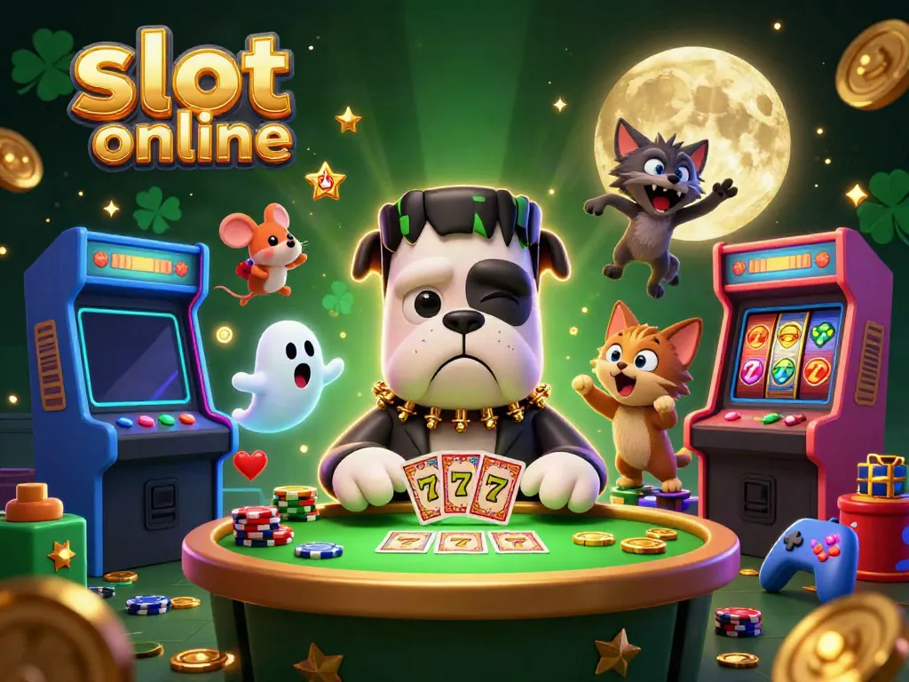 Experience the thrill of slot online with a dynamic 3D illustration featuring unique casino characters and lively elements.