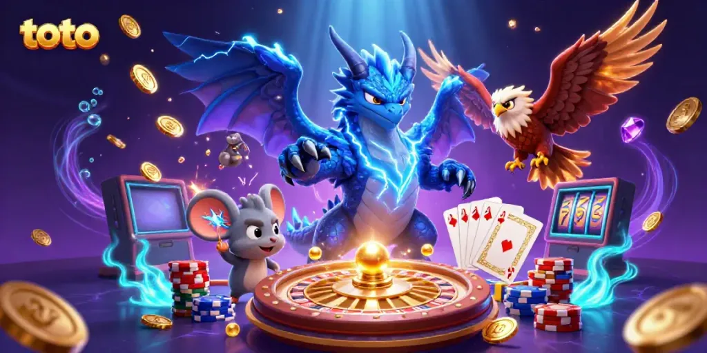 Experience thrilling action with toto in this vibrant 3D casino scene packed with dynamic elements.