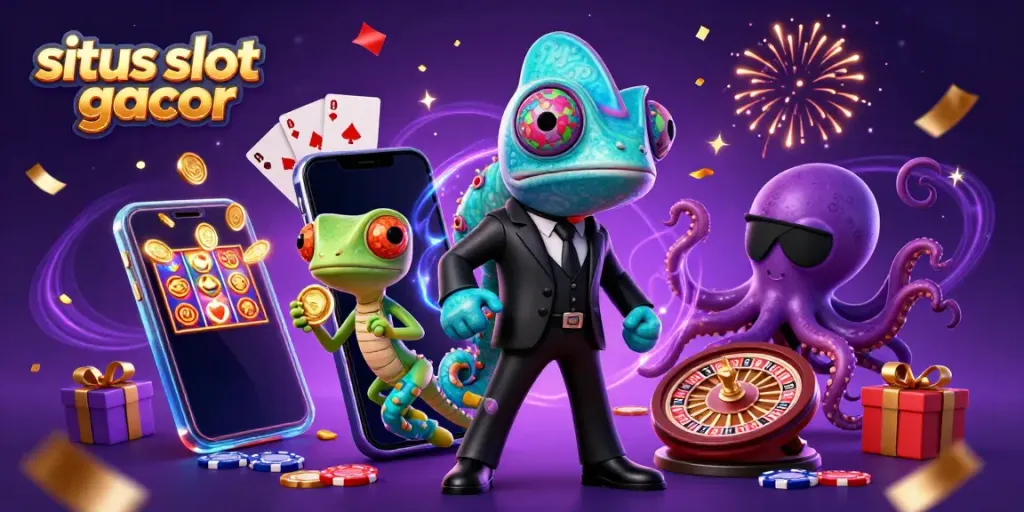 Permainan situs slot gacor yang menyenangkan dengan chameleon, gecko, dan gurita di tengah suasana ceria.