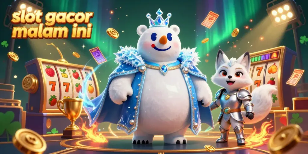 Engage with slot gacor malam ini through a vibrant 3D casino-themed scene featuring majestic characters and dynamic gaming elements.