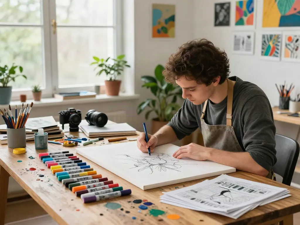 Marker pen supplier showcasing an artist's vibrant workspace filled with colorful markers and creative supplies.