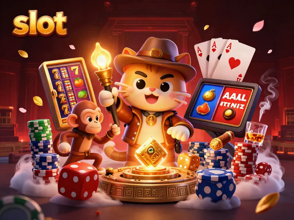 Engaging slot-themed 3D scene with an explorer cat and monkey companion amid vibrant slot reels and casino artifacts.