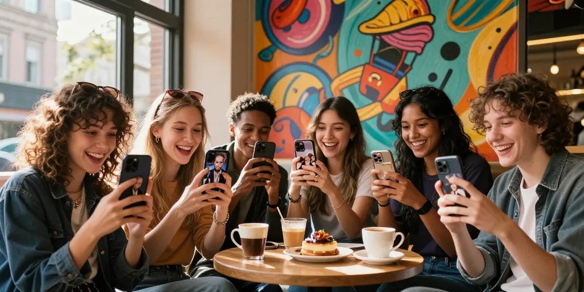 Friends joyfully comparing their looks with celebrities at a colorful café, embodying the theme "look like celebrities" in a vibrant urban setting.