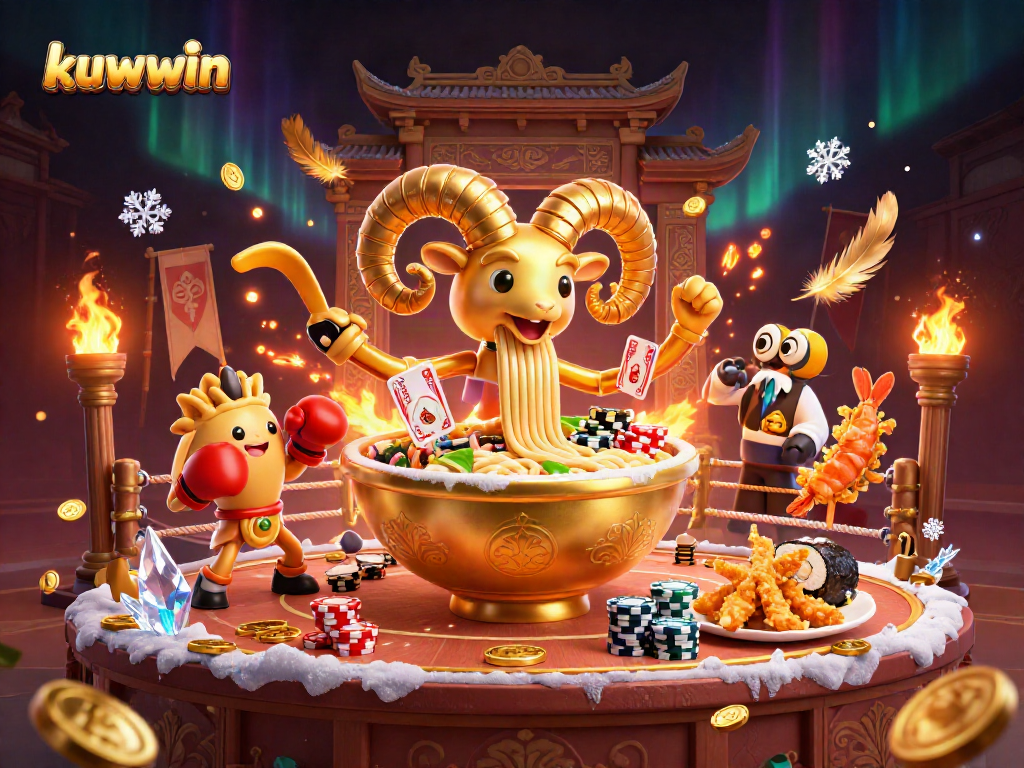 kuwwin card-dealing ramen bowl in a vibrant casino scene with lively characters.