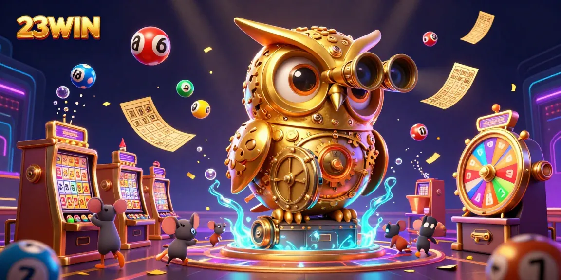 Engage with 23WIN's vibrant casino scene featuring a clockwork owl overseeing a dynamic gaming environment.