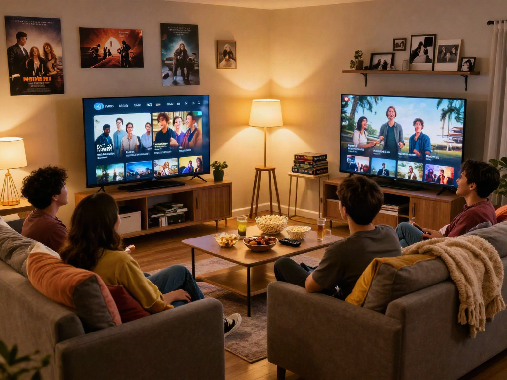 Friends enjoying a movie night with Moviebox in a cozy living room.