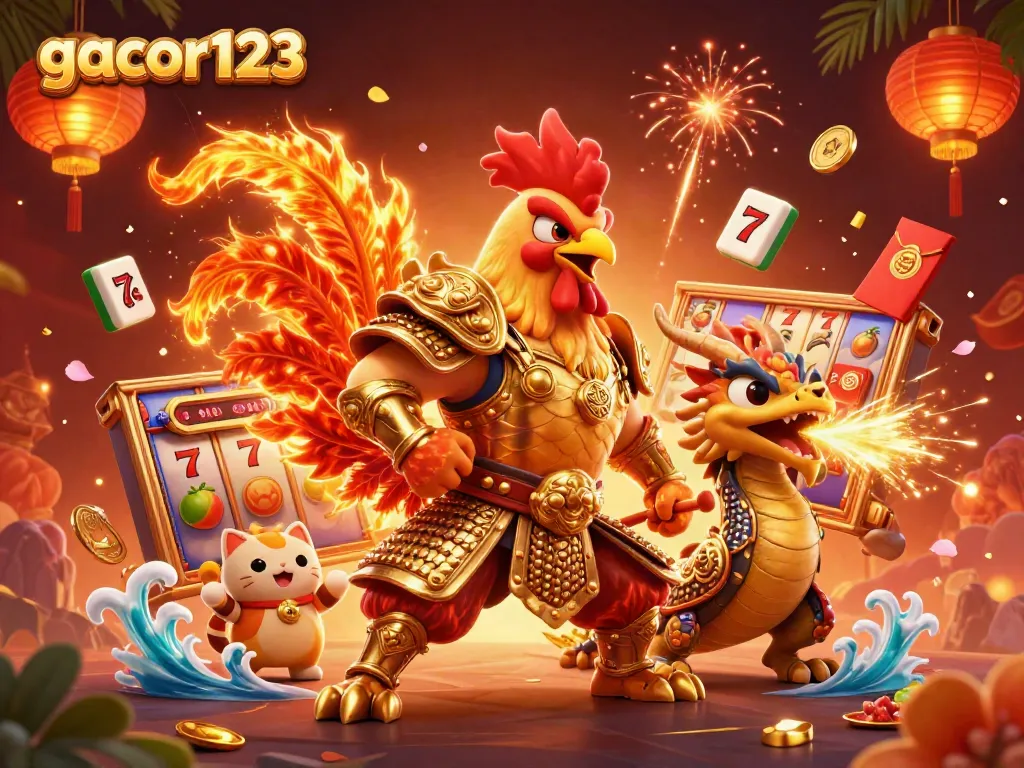 Experience the excitement of gacor123 with a vibrant 3D illustration of dynamic casino elements and characters.