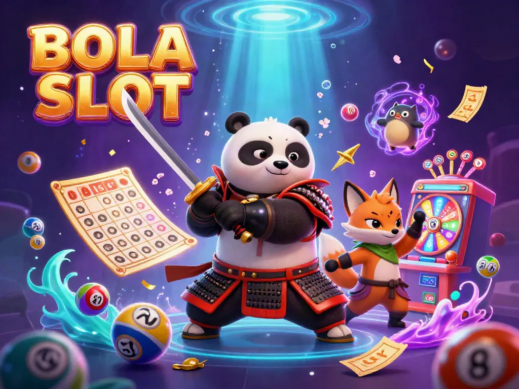 BOLA SLOT features a samurai panda, ninja fox, and spirit tanuki amidst colorful lottery elements and a dynamic casino scene.