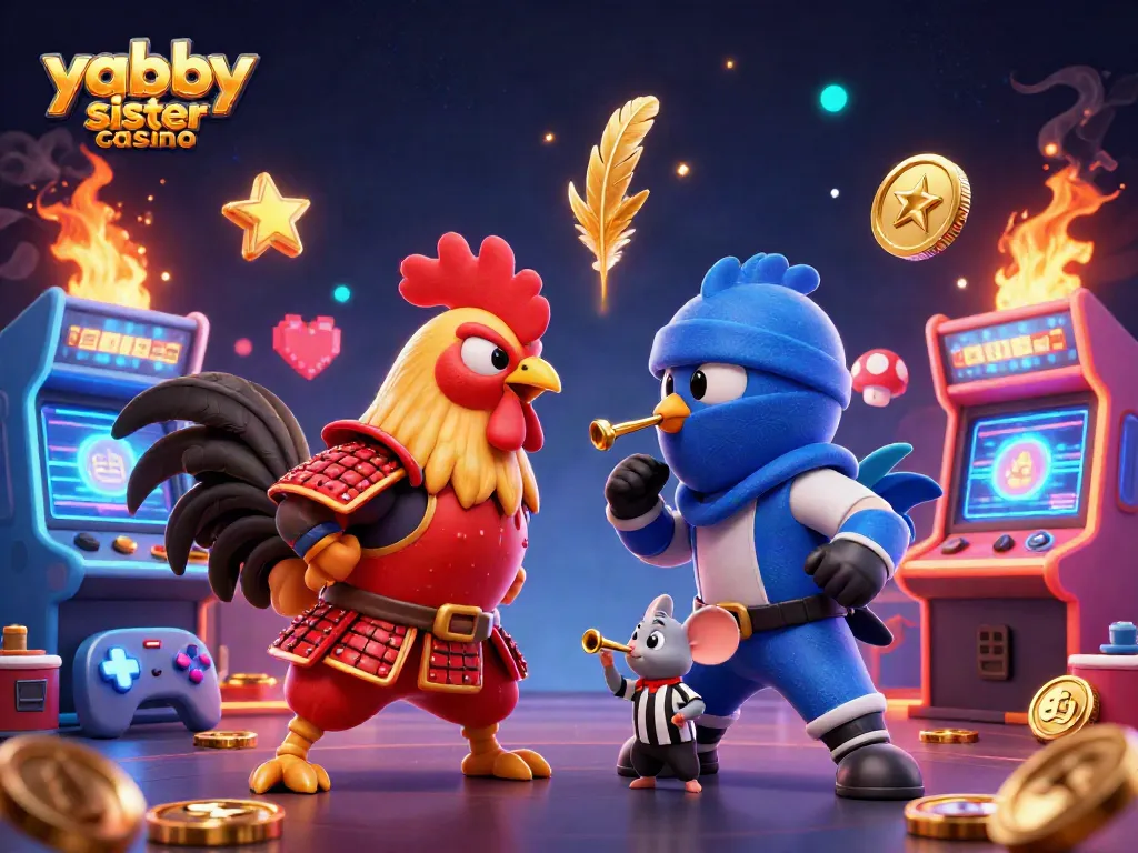 Engage at the yabby sister casino with dynamic roosters in combat surrounded by glowing gaming elements.