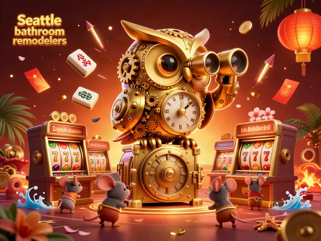 Engaging scene depicting Seattle bathroom remodelers in a vibrant, colorful casino with playful elements.