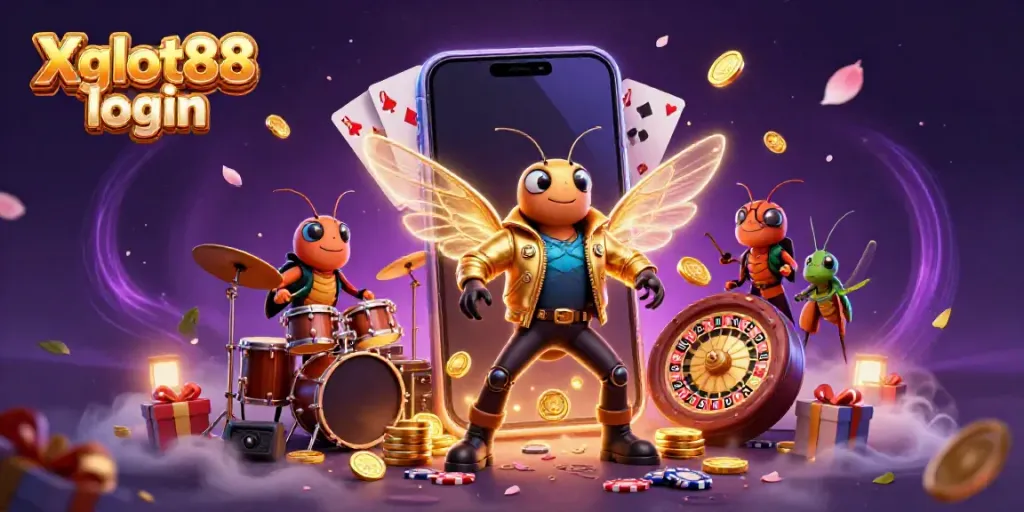 Menjelajahi kesenangan judi dengan Xgslot88 login melalui gambar 3D lampu warna-warni dan karakter menarik.