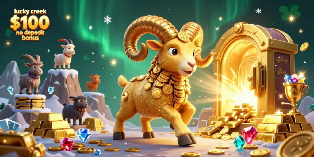 Experience the excitement of lucky creek $100 no deposit bonus with vibrant 3D casino illustration