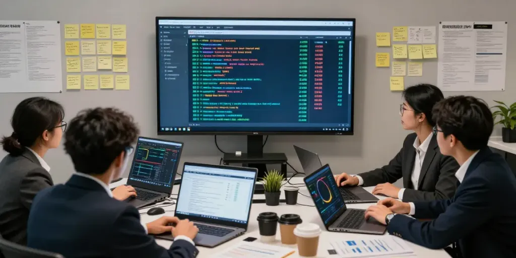 Team collaborating on digital asset tracing analysis in a modern office.
