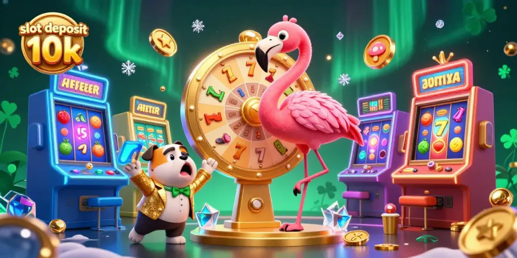 Experience the excitement of a slot deposit 10k with a flamingo host and vibrant slot machines.
