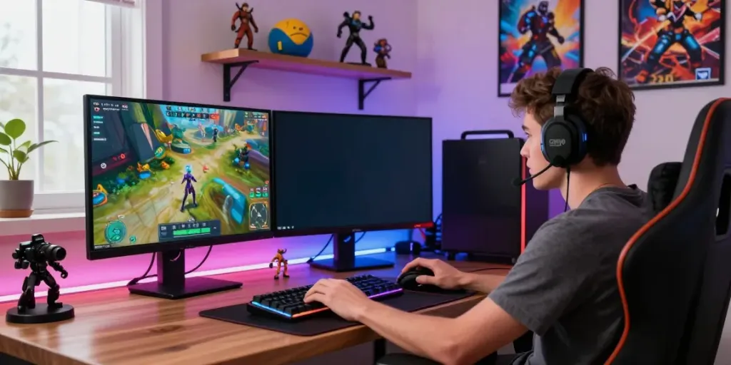 Engaged gamer enjoying Link Alternatif Vegas88 on dual monitors in a vibrant room.