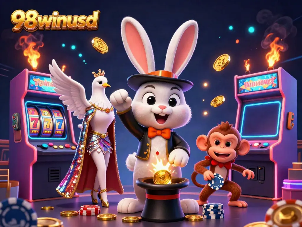 Experience thrilling gameplay with 98winusd as a magician pulls coins and a monkey steals poker chips.