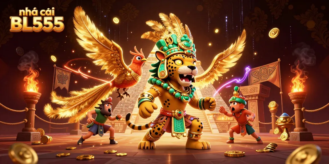 Engaging illustration showcasing nhà cái BL555 with vibrant gaming elements and a Mayan priest