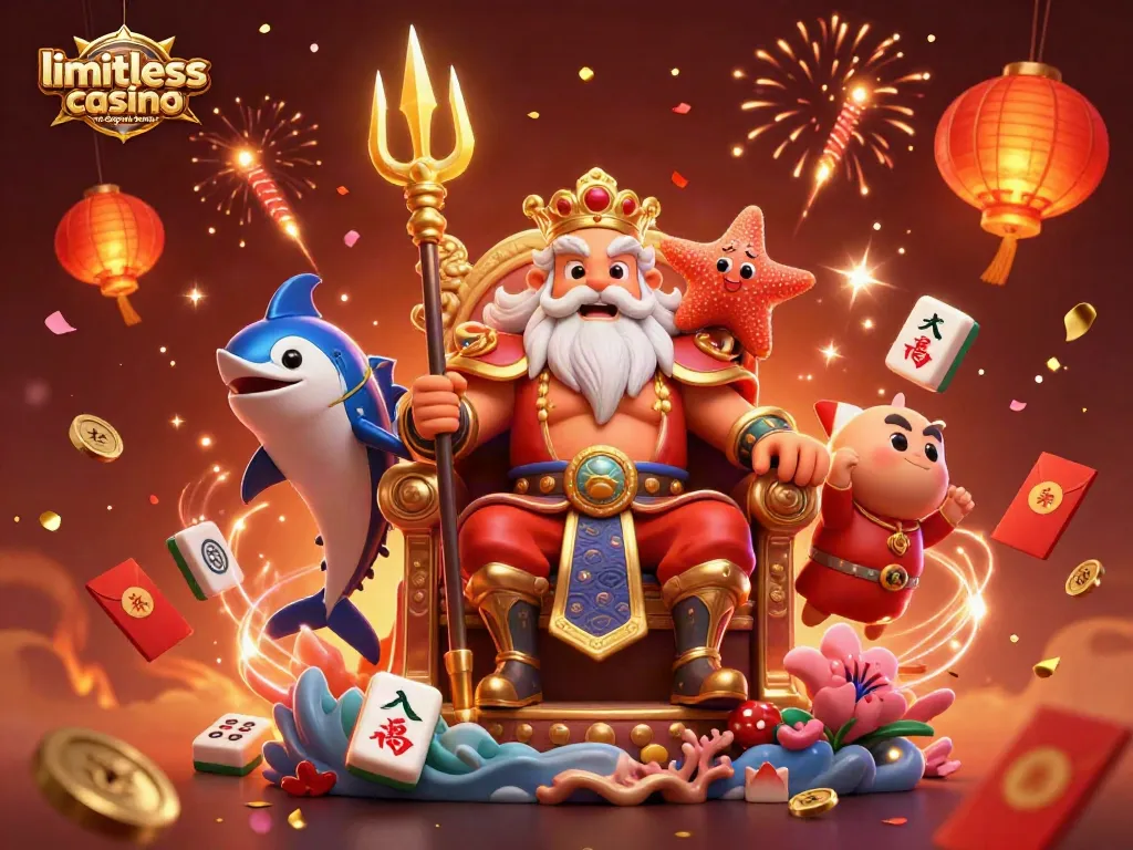 Experience the limitless casino no deposit bonus with Neptune and festive game elements in this vibrant illustration.