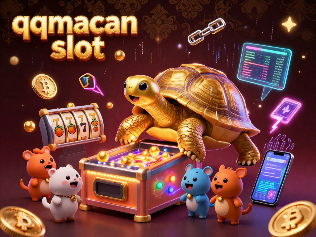 Experience the excitement of qqmacan slot with a vibrant 3D illustration featuring characters and rich casino imagery.
