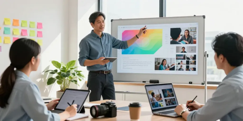 Team discussing AI promotional video generator pricing strategies in a bright office.