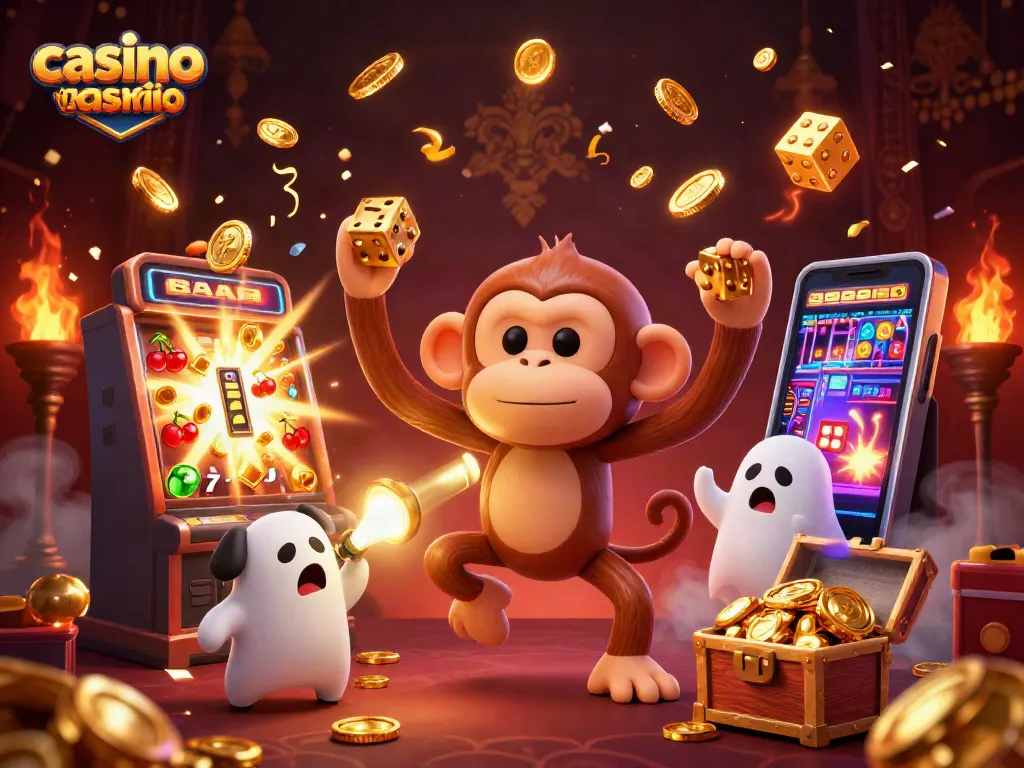 Engage with the exciting atmosphere of a casino like Wild Casino, featuring a vibrant poltergeist monkey and a curious puppy.